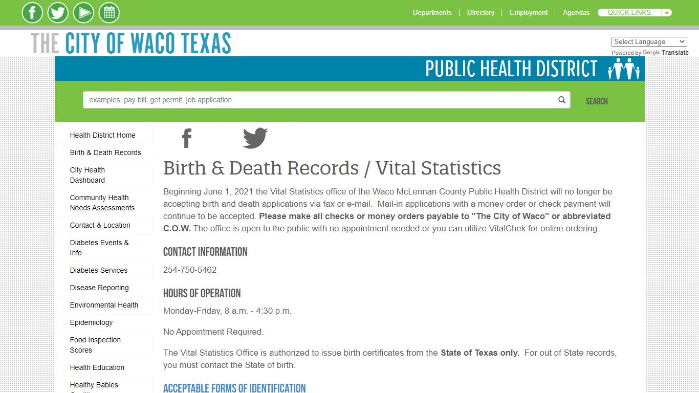 Birth & Death Records / Vital Statistics - Waco, Texas